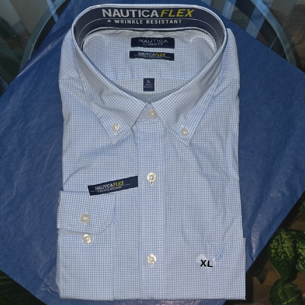 Nautica Flex Wrinkle Resistant NoonBlue Checkered Button-down Shirt